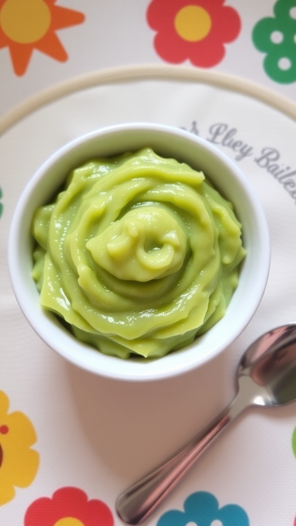 A bowl of mashed zucchini for babies, with a spoon on a colorful mat.